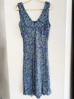 Salaam Women’s Medium/Large Blue and Yellow floral v-neck fit & flare midi dress
